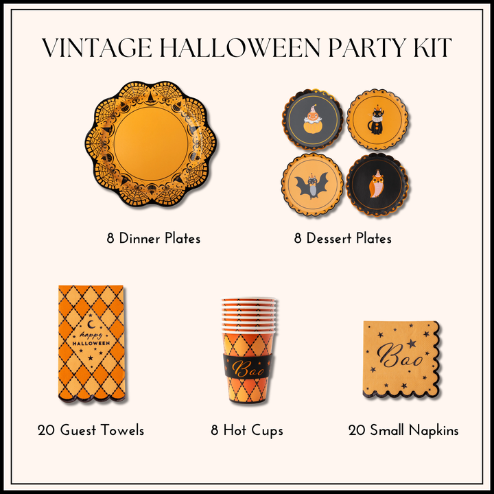 Vintage Halloween party kit with art deco dinner plates, character small plates, guest towels, napkins, and hot cups