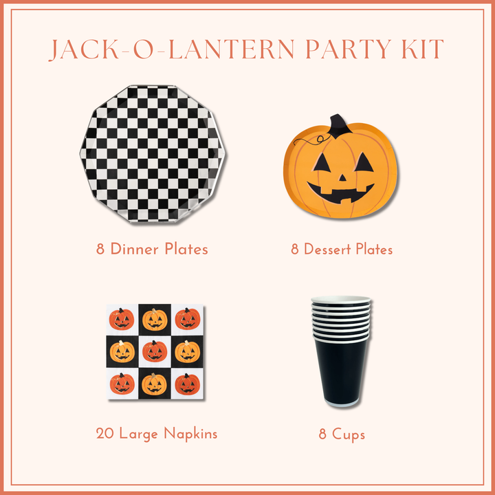 Orange jack-o-lantern Halloween party kit laid out with checker dinner plates, pumpkin plates, napkins, and black cups