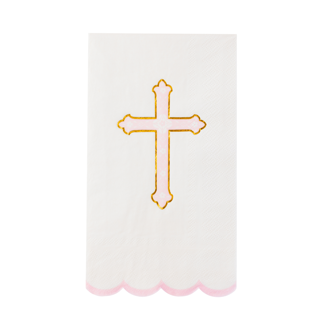 PETAL PINK CROSS GUEST TOWELS Bonjour Fete Napkins Petal Pink Cross Guest Towels - Perfect for Baby Showers and Baptisms Bonjour Fete - Party Supplies