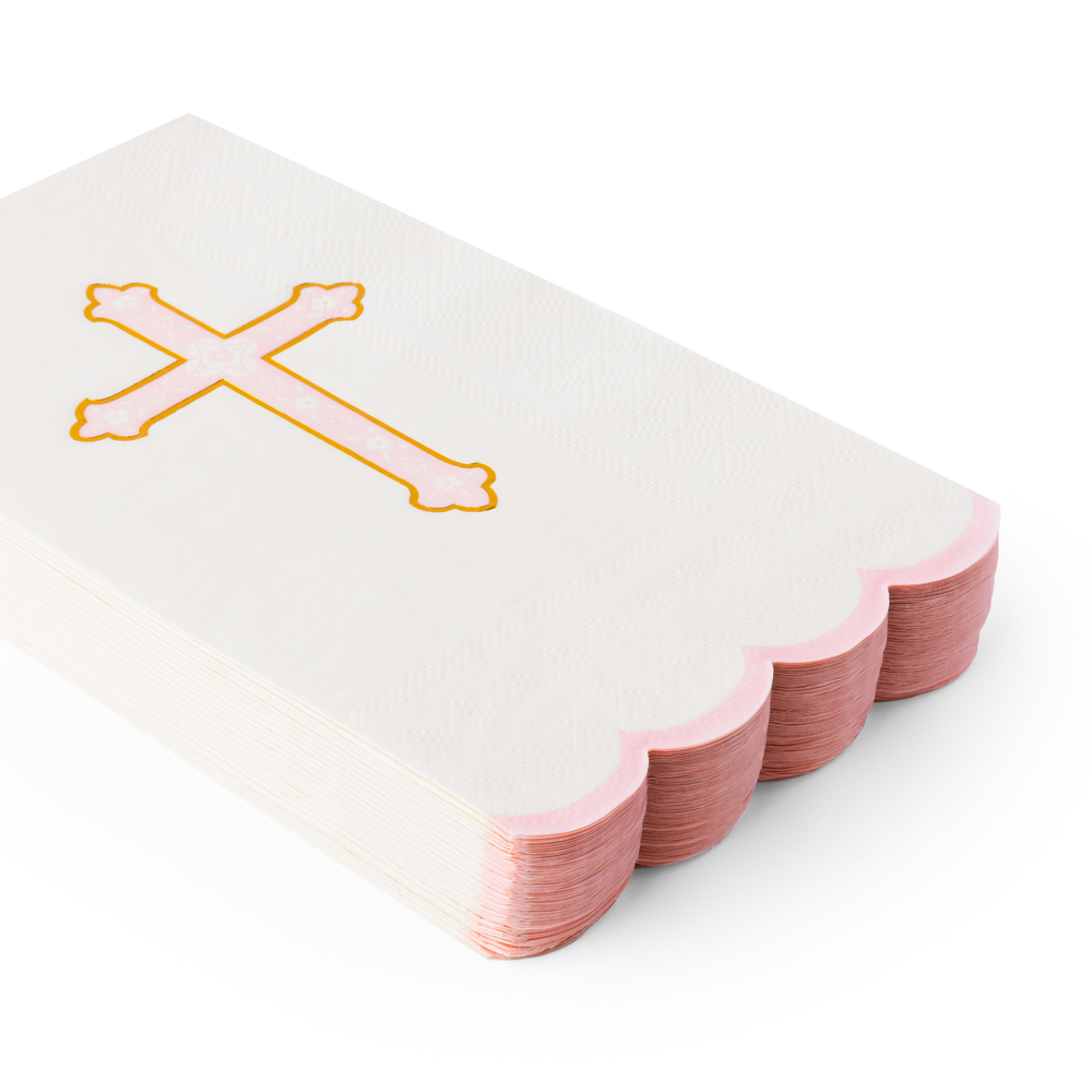 PETAL PINK CROSS GUEST TOWELS Bonjour Fete Napkins Petal Pink Cross Guest Towels - Perfect for Baby Showers and Baptisms Bonjour Fete - Party Supplies