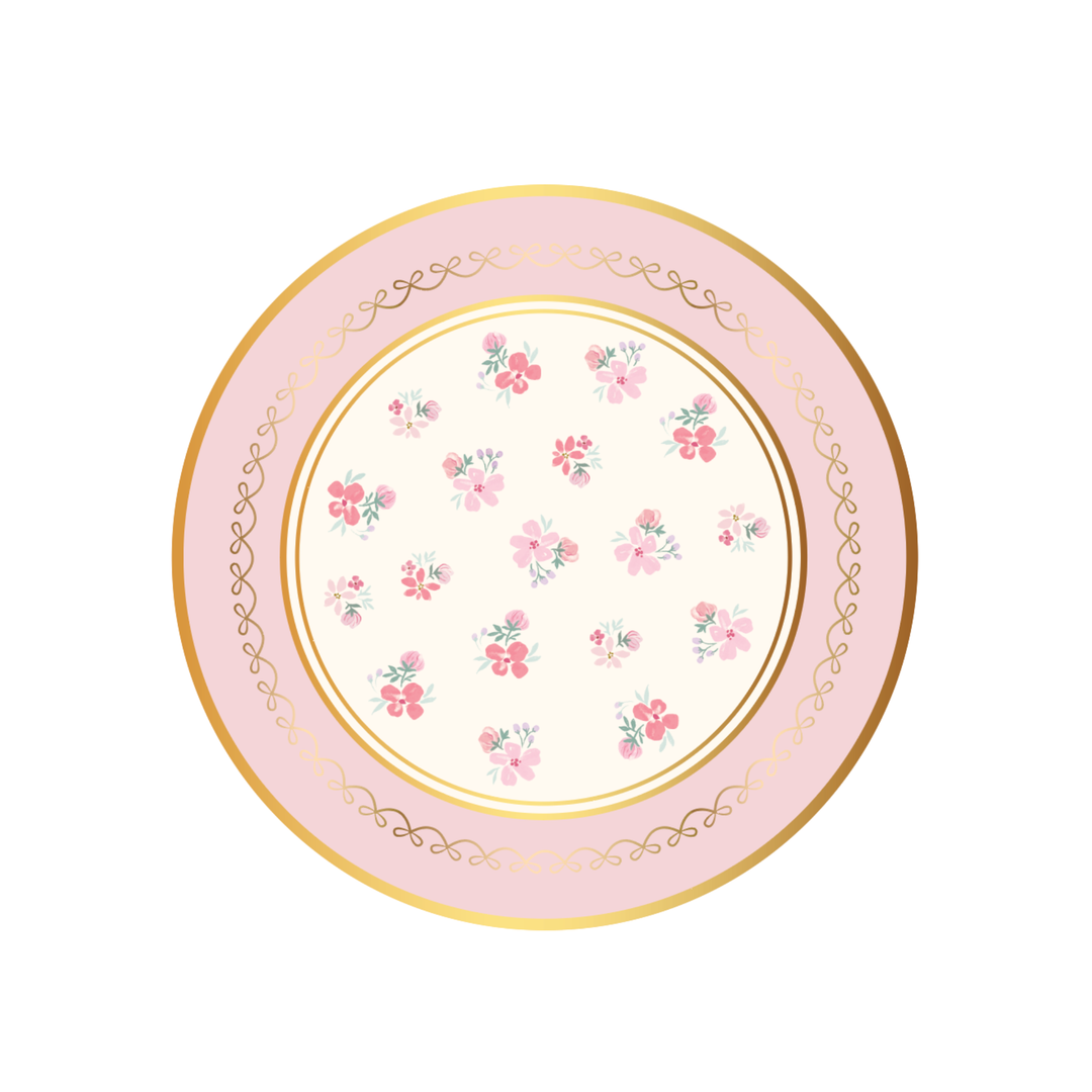 Petal pink watercolor floral dessert plates with a blush rim, gold scrollwork, and pink blossoms
