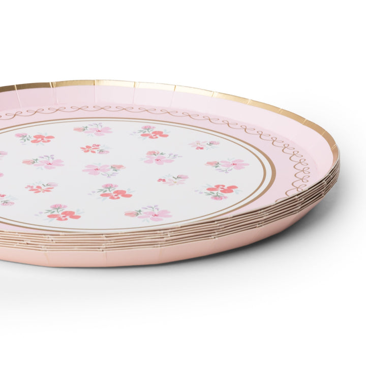 Stack of 8 blush pink floral paper plates showing the gold looped border and coral blooms, ready for a bridal shower table