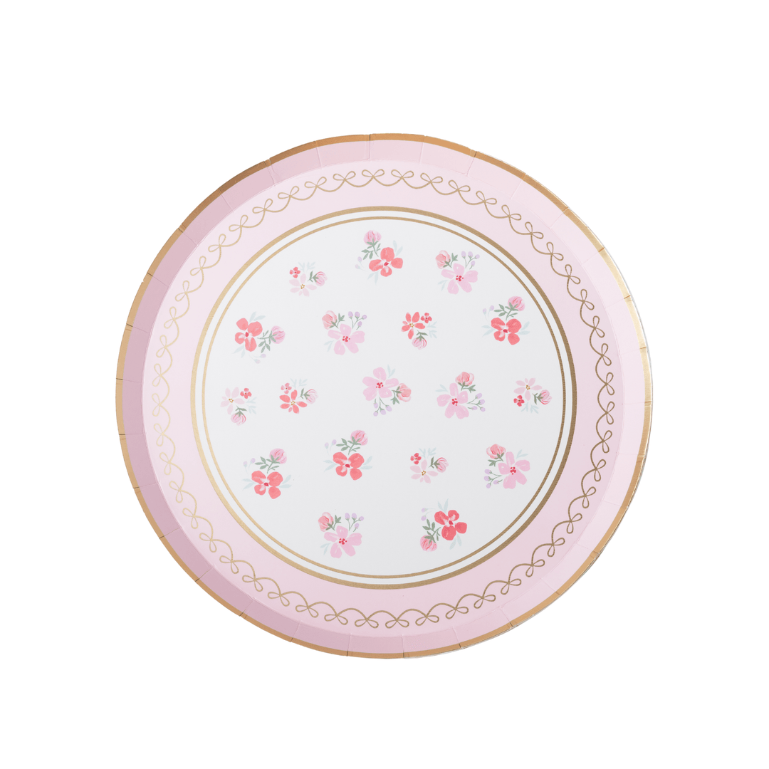 8 inch blush pink floral paper dessert plate with watercolor blooms and a gold scalloped edge, styled for a ballerina party