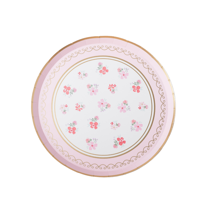8 inch blush pink floral paper dessert plate with watercolor blooms and a gold scalloped edge, styled for a ballerina party