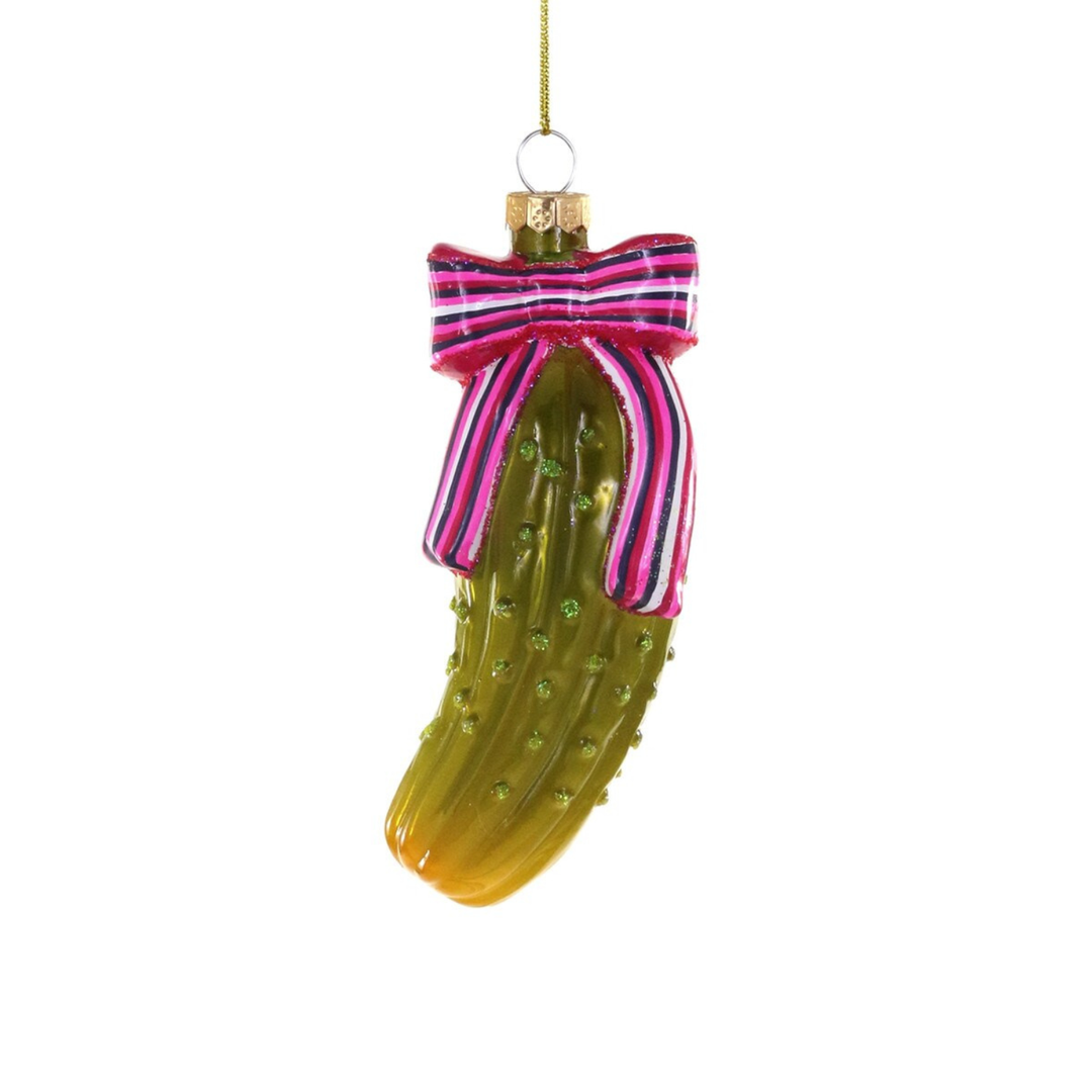 PICKLE WITH BOW GLASS ORNAMENT BY CODY FOSTER Cody Foster Co. PICKLE WITH BOW GLASS ORNAMENT BY CODY FOSTER Bonjour Fete - Party Supplies