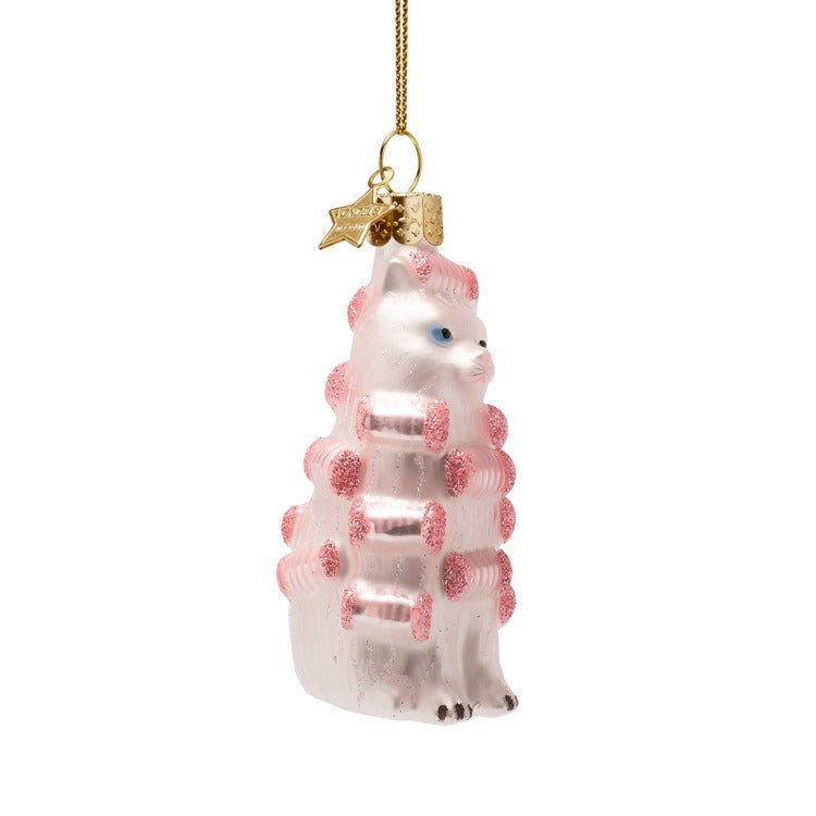 PINK CAT WITH CURLERS GLASS ORNAMENT Vondels PINK CAT WITH CURLERS GLASS ORNAMENT Bonjour Fete - Party Supplies