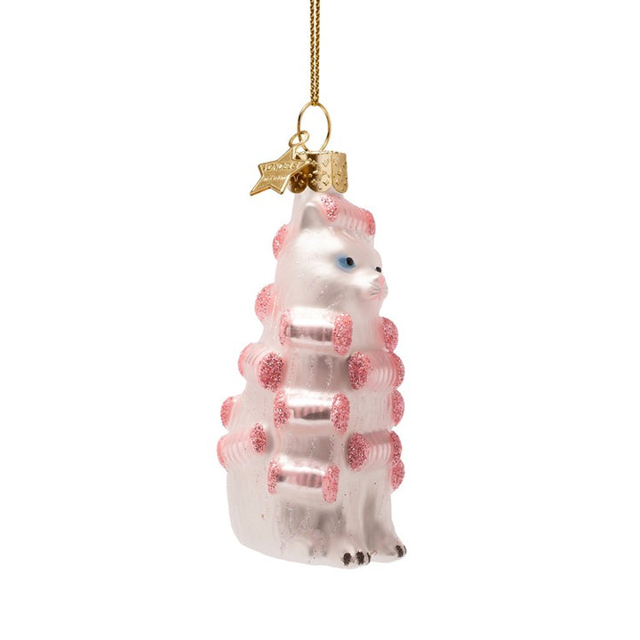 PINK CAT WITH CURLERS GLASS ORNAMENT Vondels PINK CAT WITH CURLERS GLASS ORNAMENT Bonjour Fete - Party Supplies