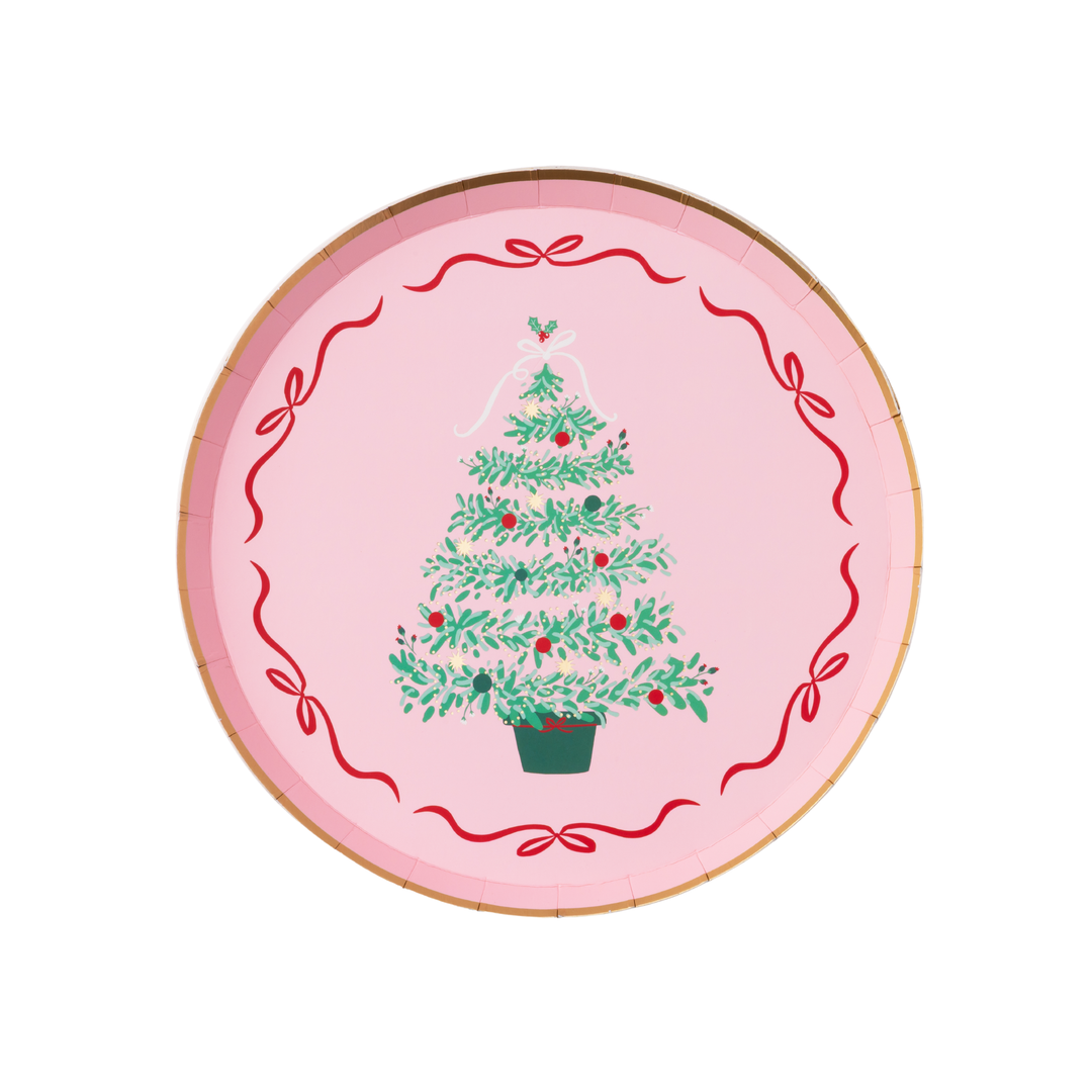 PINK CHRISTMAS TREE DESSERT PLATES Bonjour Fete Plates PINK CHRISTMAS TREE DESSERT PLATES Bonjour Fete - Party Supplies