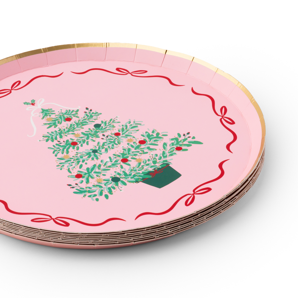PINK CHRISTMAS TREE DESSERT PLATES Bonjour Fete Plates PINK CHRISTMAS TREE DESSERT PLATES Bonjour Fete - Party Supplies