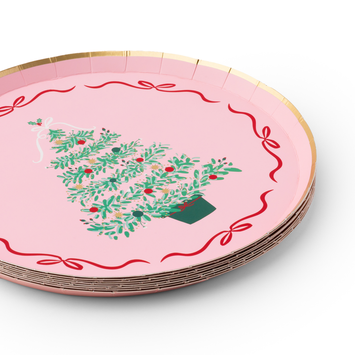 PINK CHRISTMAS TREE DESSERT PLATES Bonjour Fete Plates PINK CHRISTMAS TREE DESSERT PLATES Bonjour Fete - Party Supplies