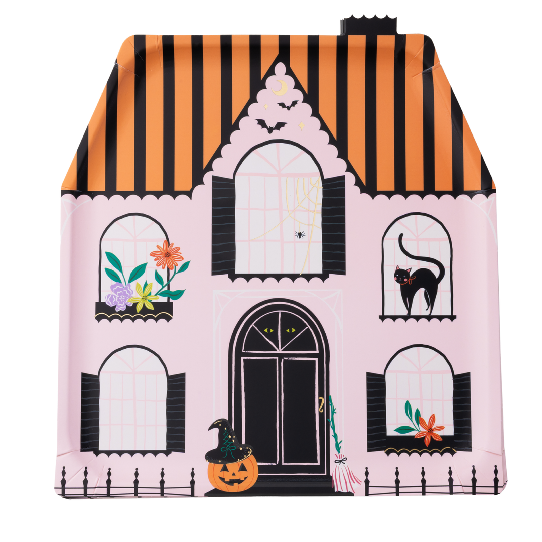PINK HAUNTED HOUSE LARGE PLATES Bonjour Fete Plates PINK HAUNTED HOUSE LARGE PLATES Bonjour Fete - Party Supplies