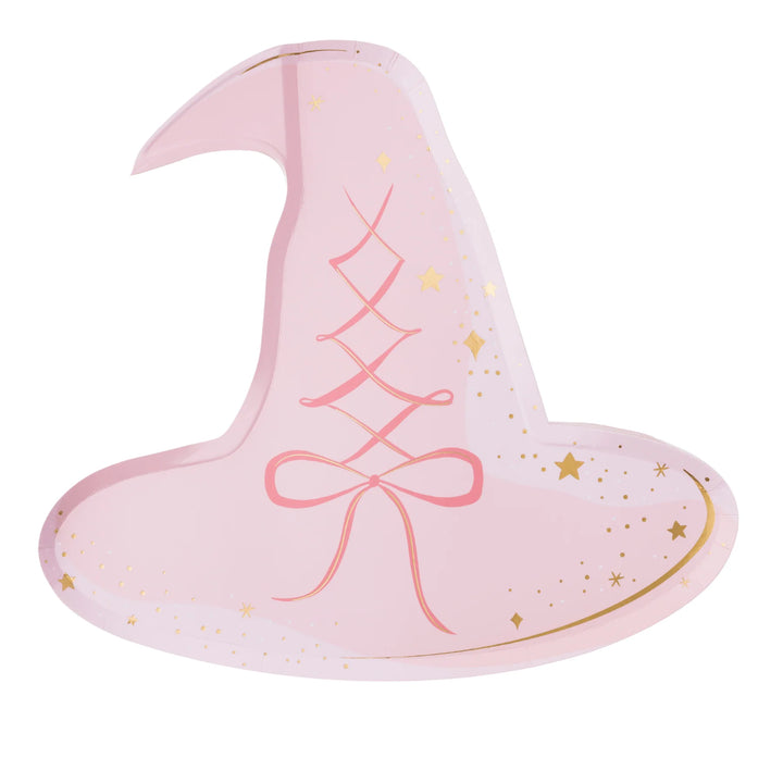Pink die-cut witch hat large plates, set of 8, shaped like a pointed hat for a Halloween party