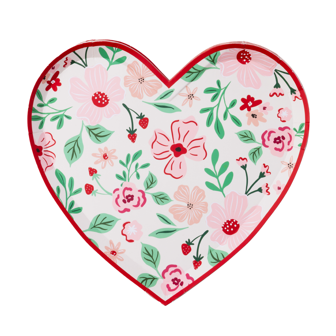 PINK & RED FLORAL HEART PLATES Bonjour Fete Plates PINK & RED FLORAL HEART PLATES Bonjour Fete - Party Supplies