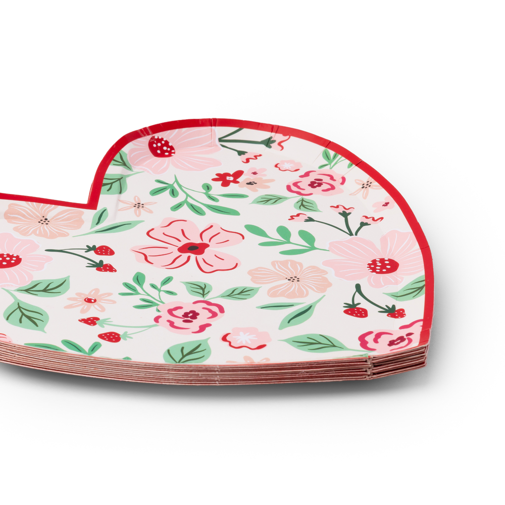 PINK & RED FLORAL HEART PLATES Bonjour Fete Plates PINK & RED FLORAL HEART PLATES Bonjour Fete - Party Supplies