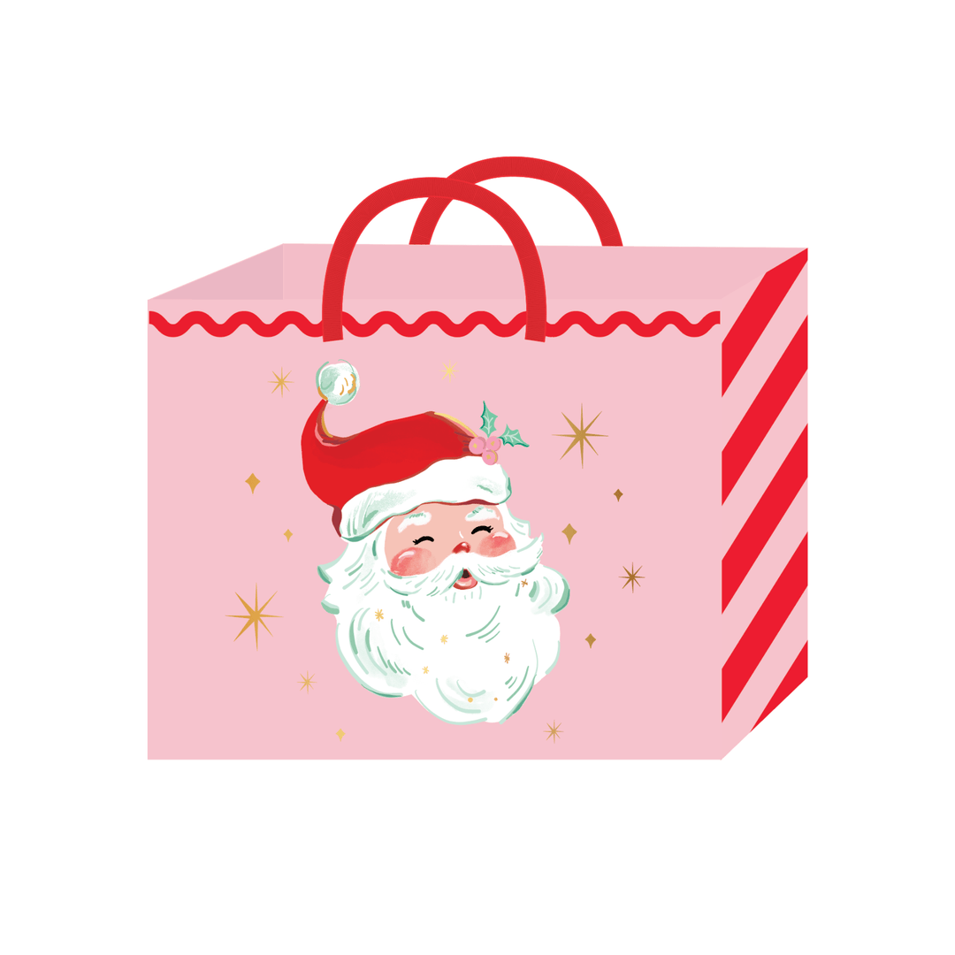 Pink large Christmas gift bag with a vintage Santa face, gold stars, and a red candy-cane stripe side