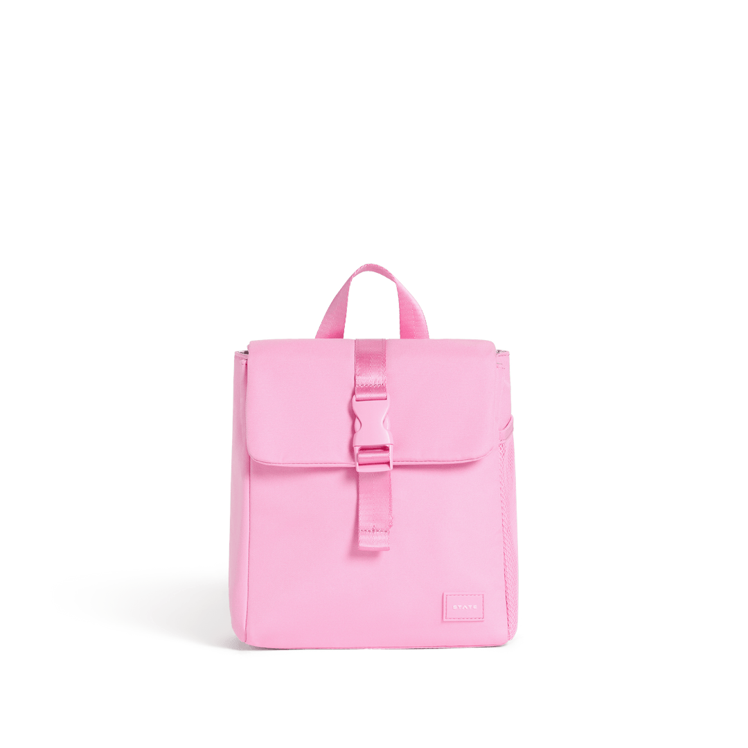 Pink STATE Richmond insulated lunch bag, front view with fold-over top, tonal buckle strap, and top handle