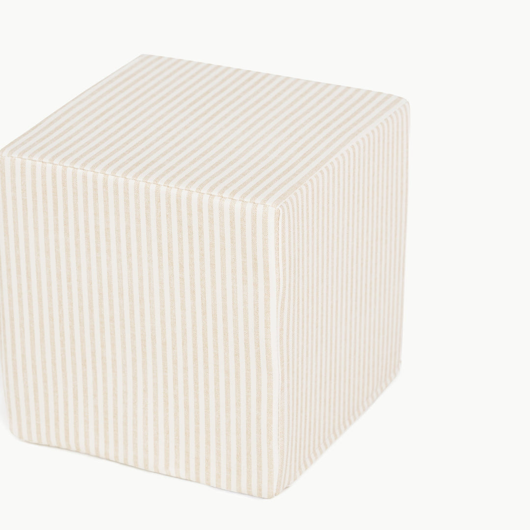 Beige pinstripe foam play cube for soft sitting and active indoor play.