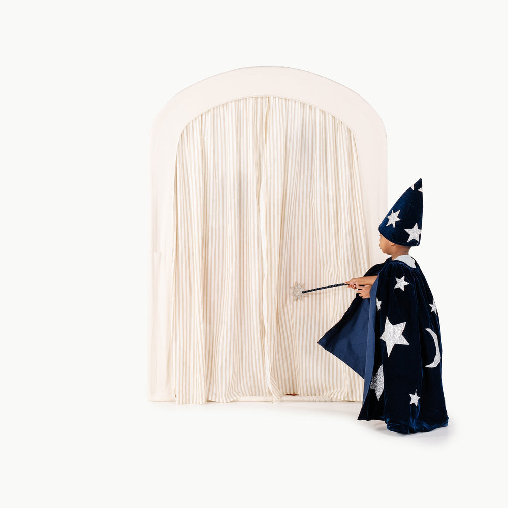 Gathre puppet theatre with a functional draw curtain for pretend shows.