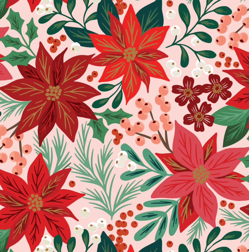 Close-up of the poinsettia print: red and pink blooms, holly berries, and green sprigs on blush