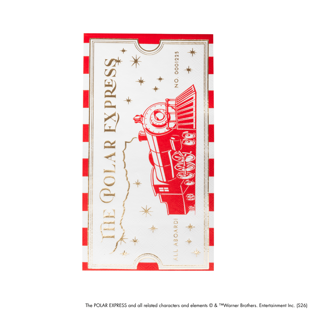 A collectible Polar Express napkin featuring a red vintage steam locomotive and gold stars on a cream background, framed by red and white striped borders. The text 'THE POLAR EXPRESS' is printed vertically on the left side, and 'ALL ABOARD!' is printed at the bottom.
