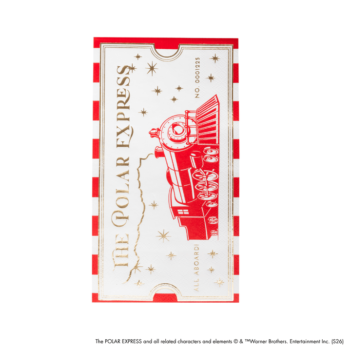 A collectible Polar Express napkin featuring a red vintage steam locomotive and gold stars on a cream background, framed by red and white striped borders. The text 'THE POLAR EXPRESS' is printed vertically on the left side, and 'ALL ABOARD!' is printed at the bottom.