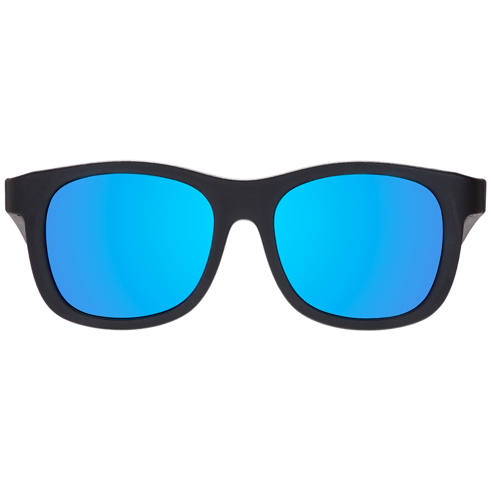 Black aviator kids sunglasses shown from the front with polarized cobalt blue mirrored lenses on a plain background.