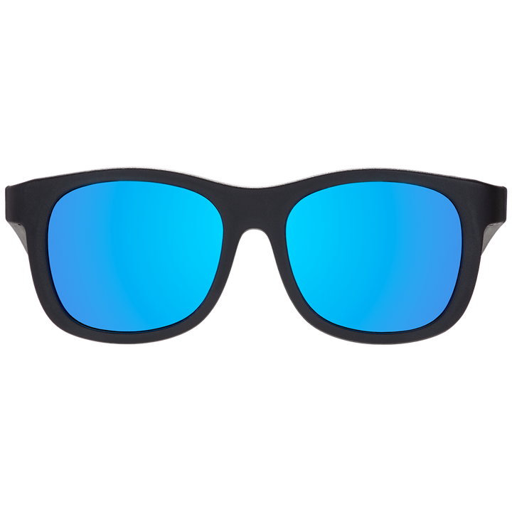 Black aviator kids sunglasses shown from the front with polarized cobalt blue mirrored lenses on a plain background.