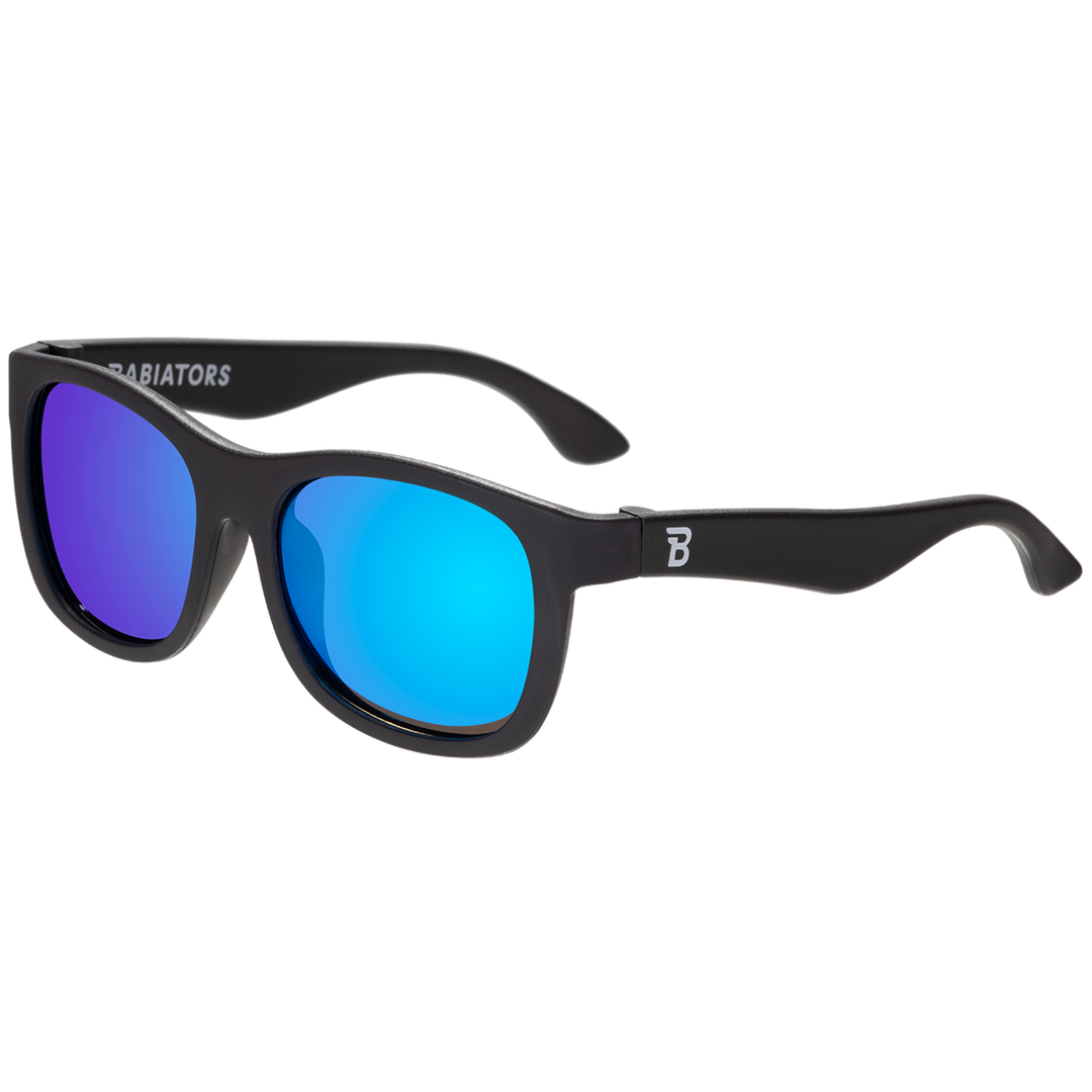 Kids black aviator sunglasses with polarized cobalt blue mirrored lenses and flexible frames for sunny days, ages 0 to 6 and up.