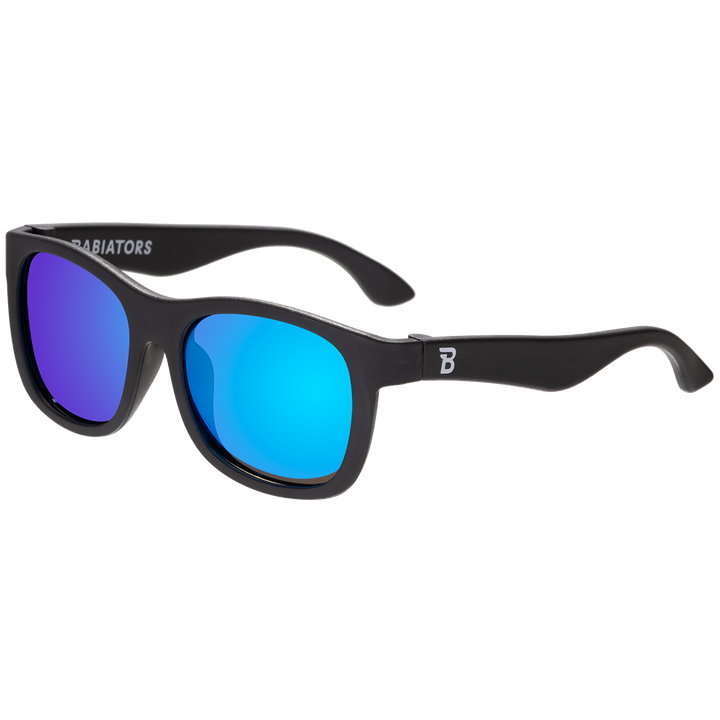 Kids black aviator sunglasses with polarized cobalt blue mirrored lenses and flexible frames for sunny days, ages 0 to 6 and up.