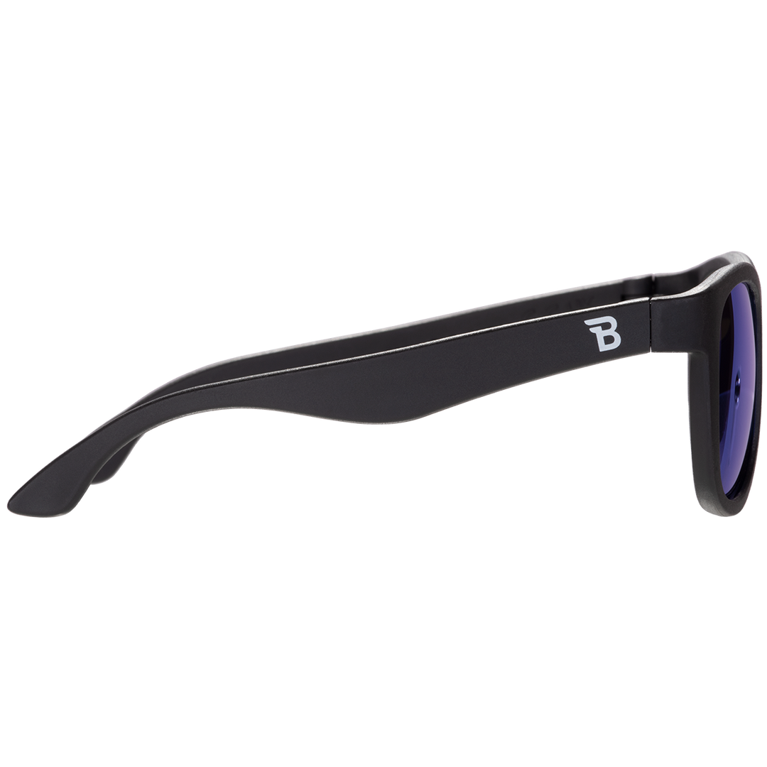 Side profile of black aviator kids sunglasses with cobalt blue mirrored lenses showing the flexible temple arm.