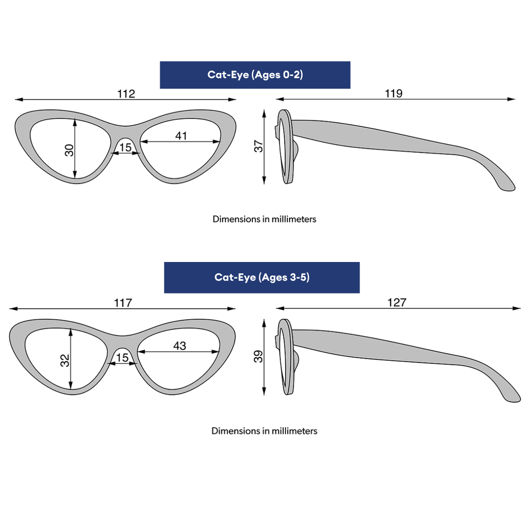 Size guide for the pink cat-eye kids sunglasses with frame measurements for ages 0 to 2 and 3 to 5.