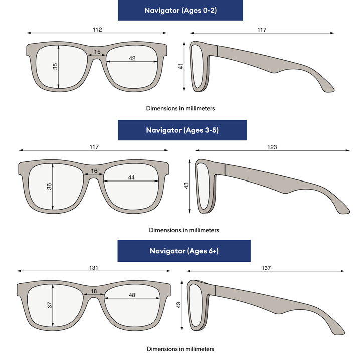 Size guide for the black polarized aviator kids sunglasses with frame measurements for ages 0 to 2, 3 to 5, and 6 and up.