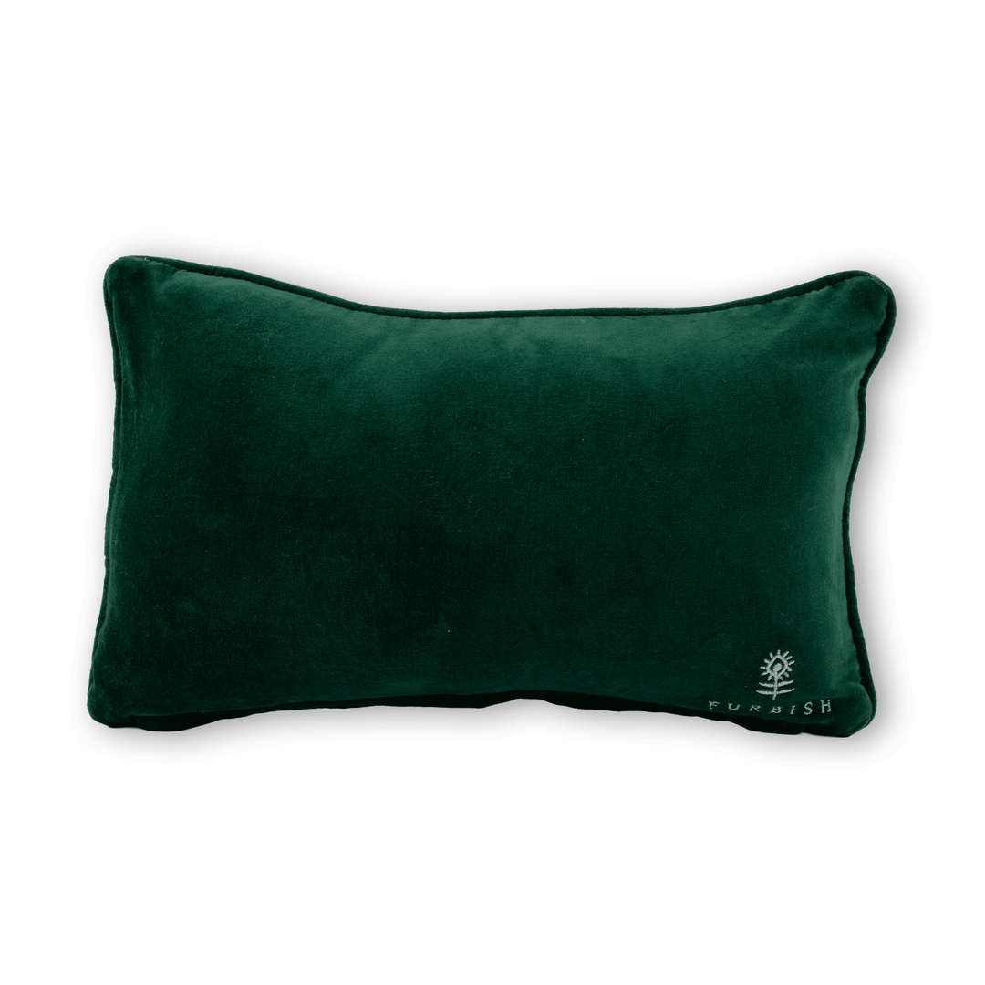Green velvet back of the Let's Give Em Pumpkin to Talk About needlepoint pillow with an embroidered flower logo