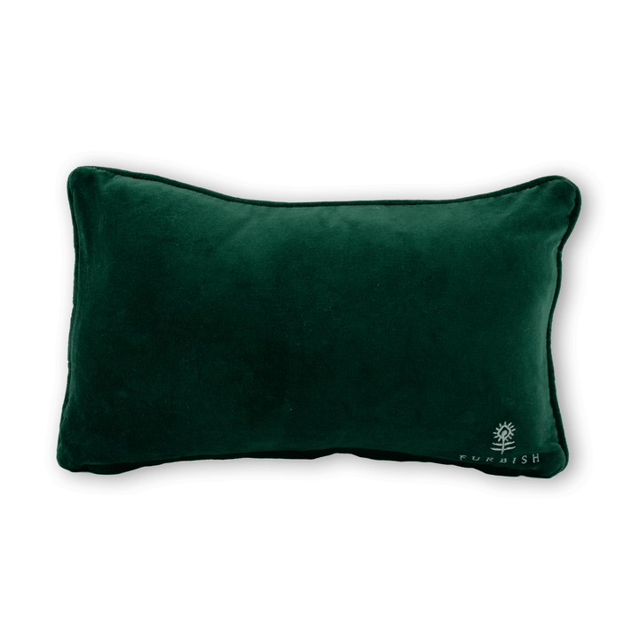 Green velvet back of the Let's Give Em Pumpkin to Talk About needlepoint pillow with an embroidered flower logo