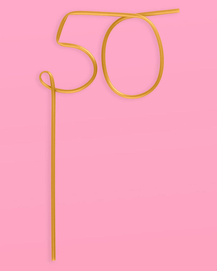 Gold reusable 50 birthday straw shown against a plain background