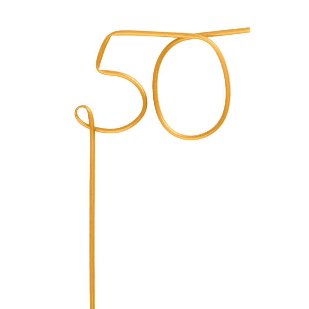 Gold reusable straw bent into the number 50 for a 50th birthday