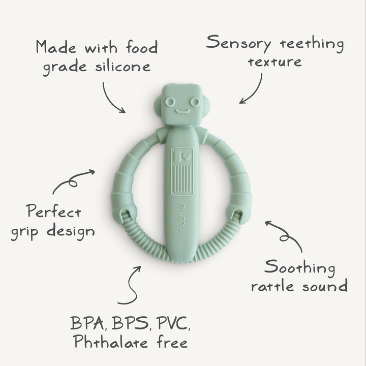 Infographic of the Mushie robot rattle teether: food-grade silicone with a built-in rattle for soothing teething