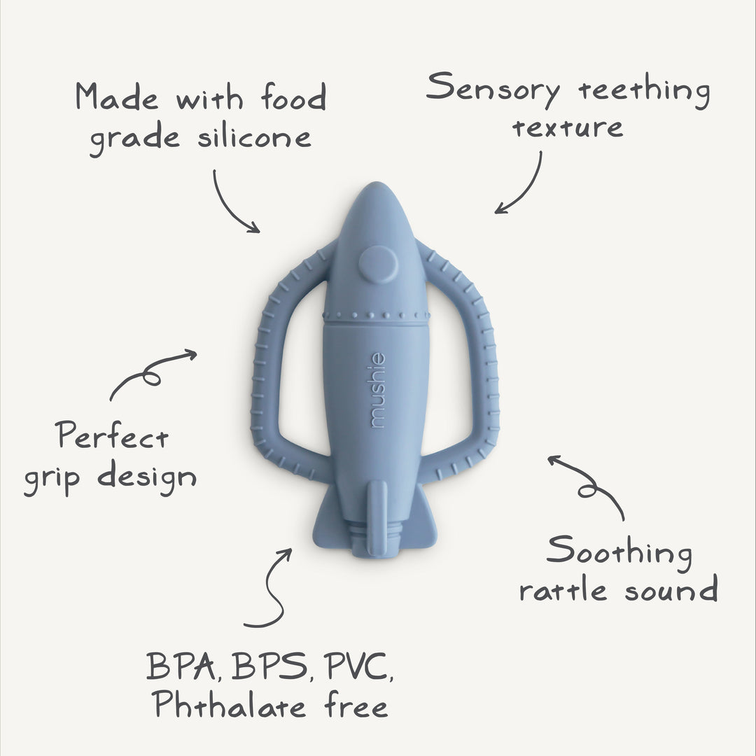 Infographic of the Mushie rocket rattle teether: food-grade silicone with a built-in rattle for soothing teething