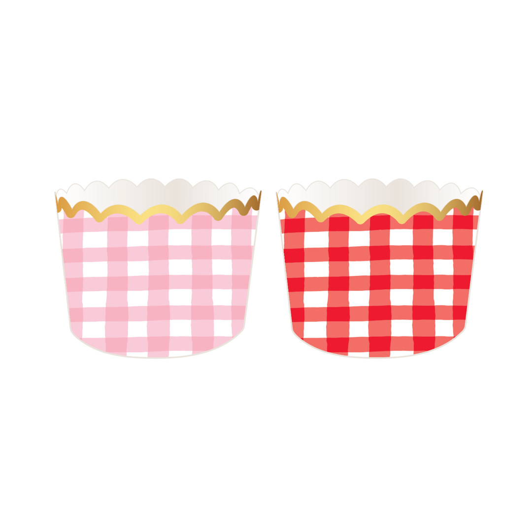 Pink and red gingham treat cups with scalloped gold rims, styled for candy, cupcakes, and picnic party favors