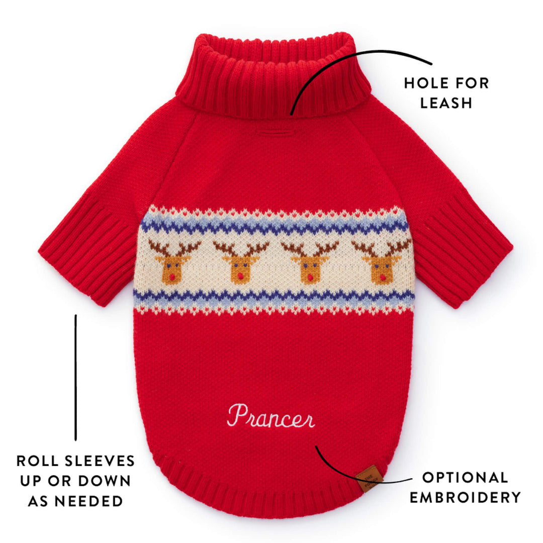 Callout of the reindeer sweater back with leash hole, roll sleeves, and a sample embroidered name