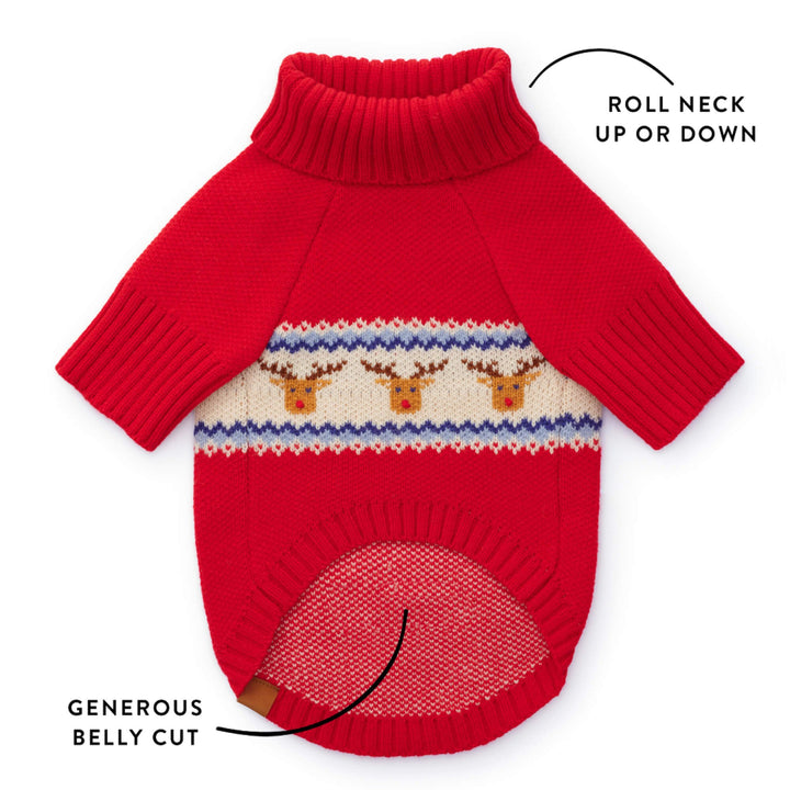 Callout of the red reindeer sweater showing the roll neck and generous belly cut