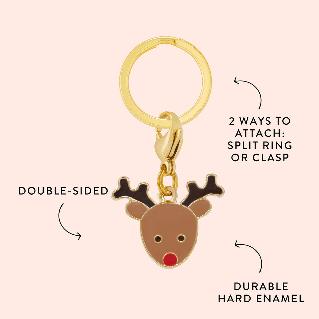 Reindeer collar charm graphic showing red nose, brown antlers, double-sided enamel, and gold ring or clasp.