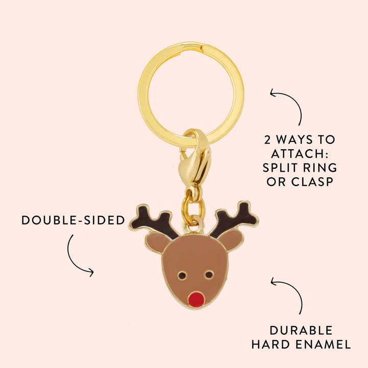 Reindeer collar charm graphic showing red nose, brown antlers, double-sided enamel, and gold ring or clasp.