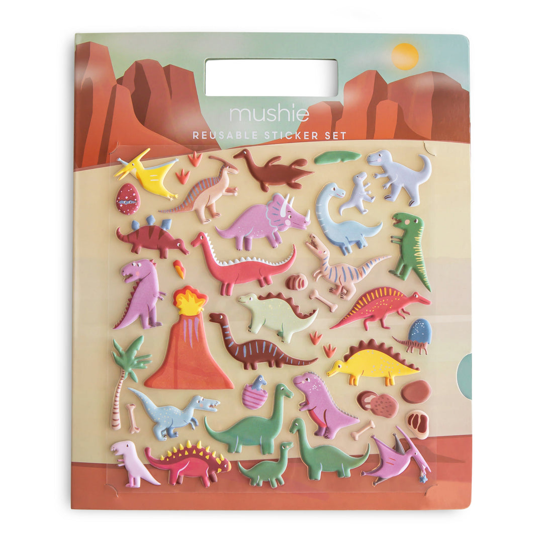 Mushie reusable sticker book in the dino theme with repositionable puffy stickers