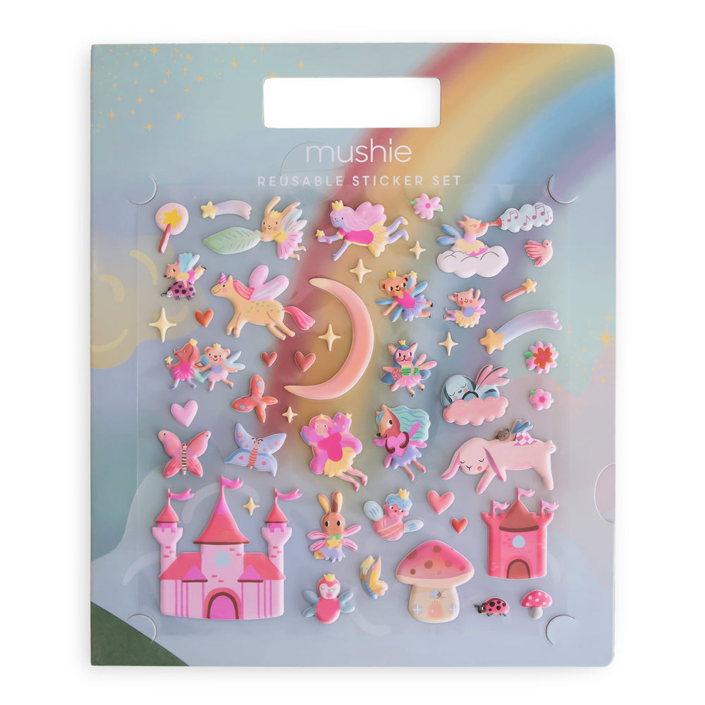 Mushie reusable sticker book in the fairies theme with repositionable puffy stickers