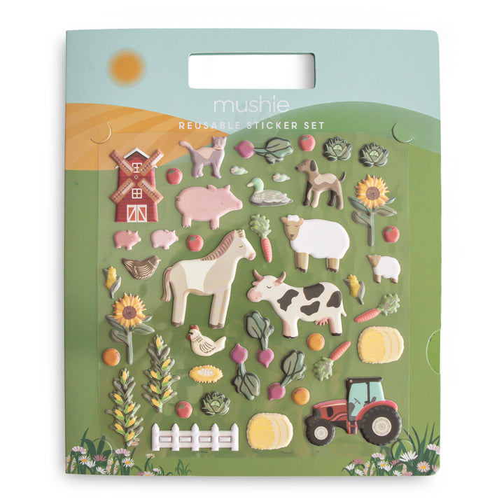 Mushie reusable sticker book in the farm theme with repositionable puffy stickers