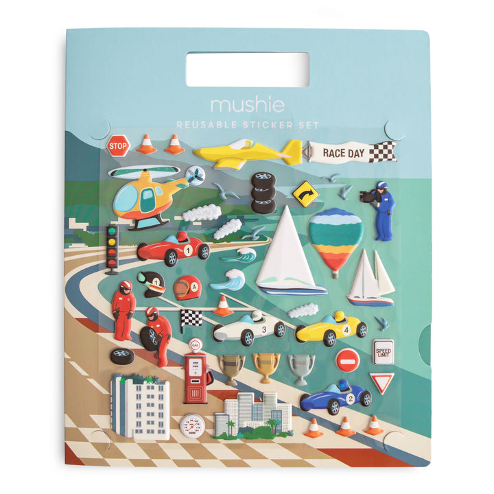 Mushie reusable sticker book in the race cars theme with repositionable puffy stickers