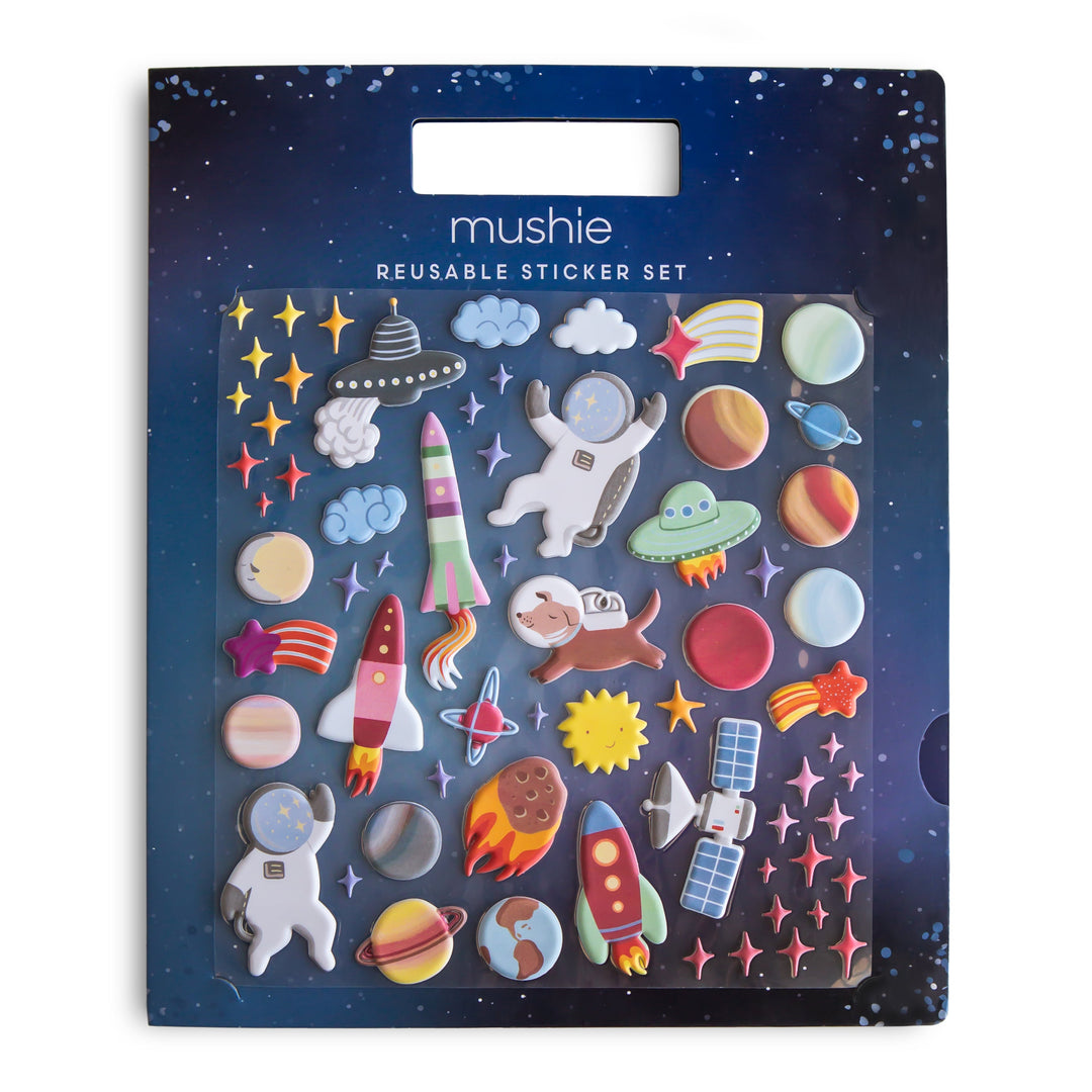 Mushie reusable sticker book in the space theme with repositionable puffy stickers