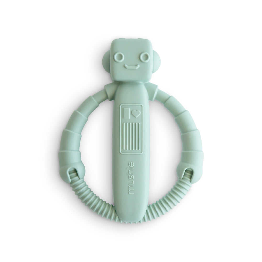 Mushie robot silicone rattle teether, front view