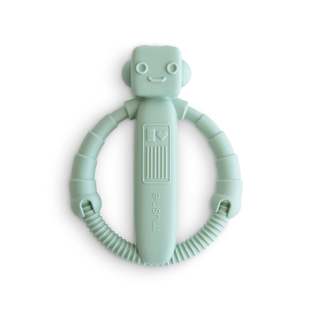 Mushie robot silicone rattle teether, front view